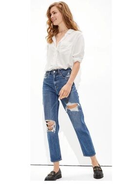 ❗️American Eagle AE Mom Straight Classic High-Rise Distressed Stretch Blue Jeans